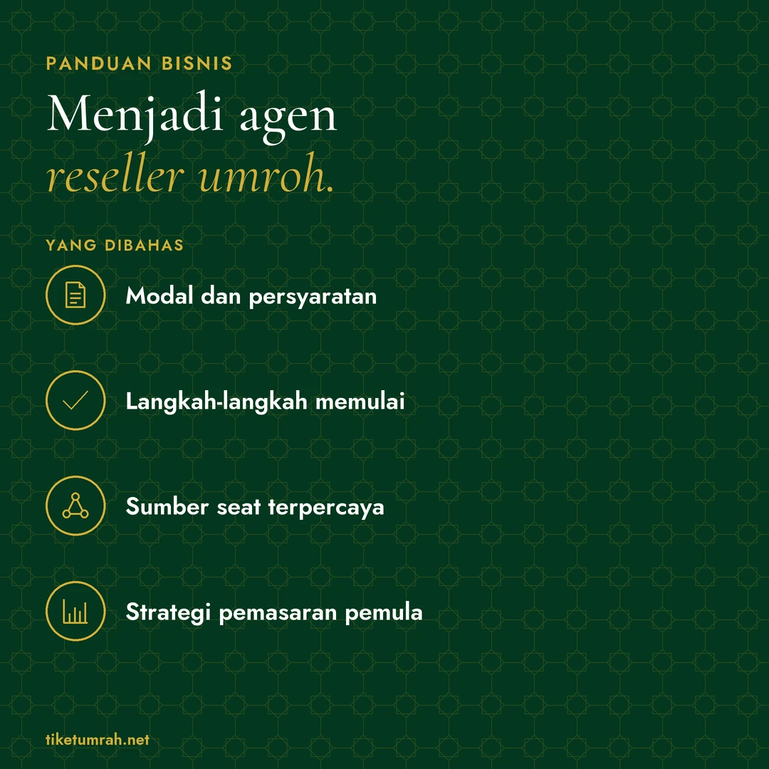 Kartu ringkasan artikel: Menjadi agen reseller umroh. Yang dibahas: Modal dan persyaratan; Langkah-langkah memulai; Sumber seat terpercaya; Strategi pemasaran pemula.