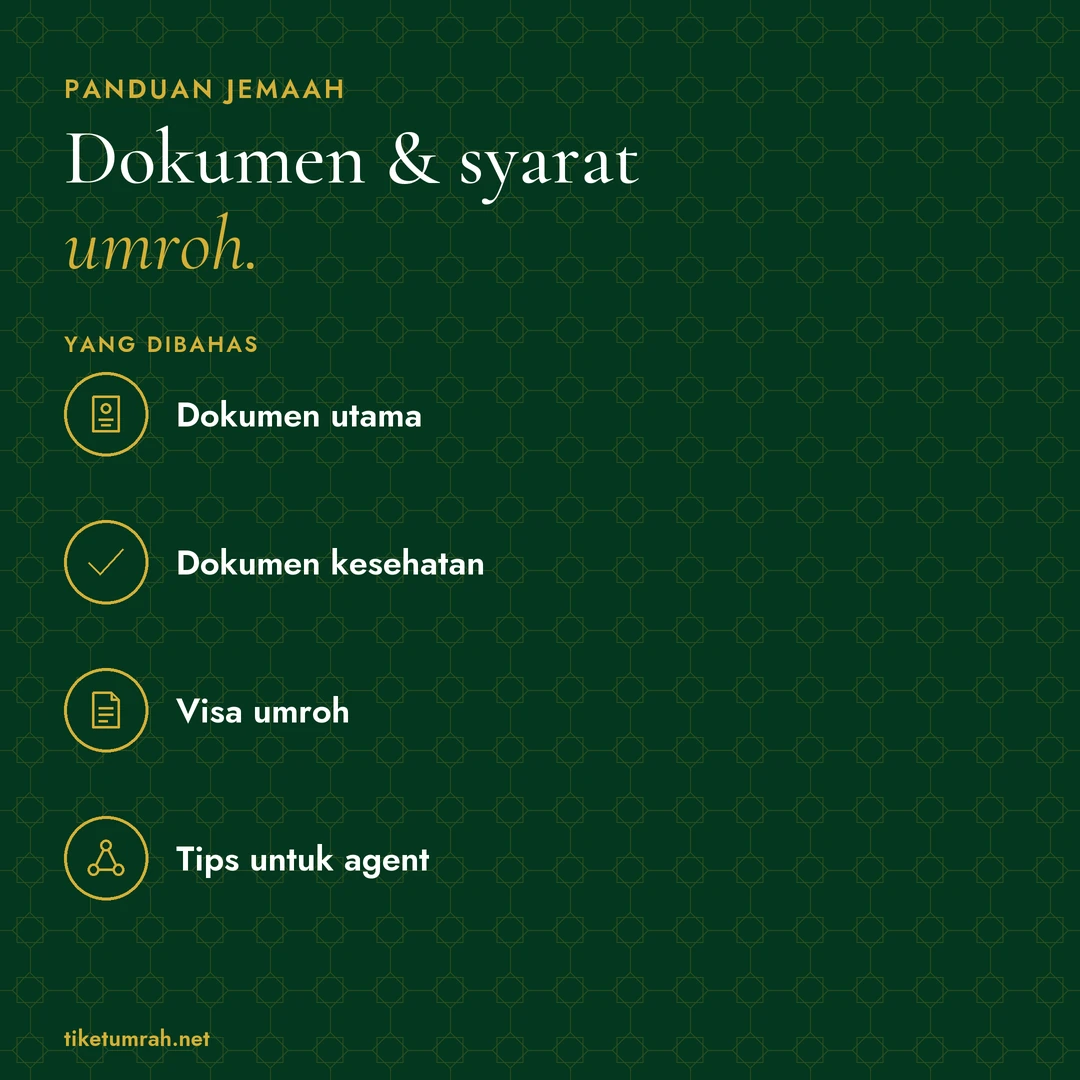 Kartu ringkasan artikel: Dokumen & syarat umroh. Yang dibahas: Dokumen utama; Dokumen kesehatan; Visa umroh; Tips untuk agent.