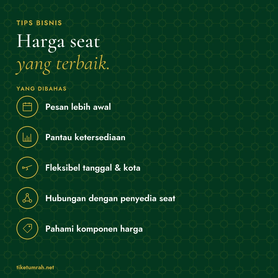 Kartu ringkasan artikel: Harga seat yang terbaik. Yang dibahas: Pesan lebih awal; Pantau ketersediaan; Fleksibel tanggal & kota; Hubungan dengan penyedia seat; Pahami komponen harga.