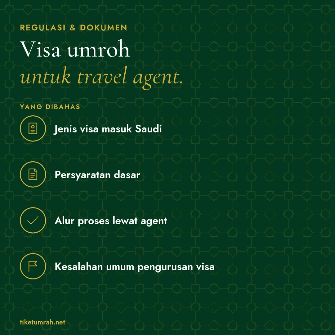 Kartu ringkasan artikel: Visa umroh untuk travel agent. Yang dibahas: Jenis visa masuk Saudi; Persyaratan dasar; Alur proses lewat agent; Kesalahan umum pengurusan visa.