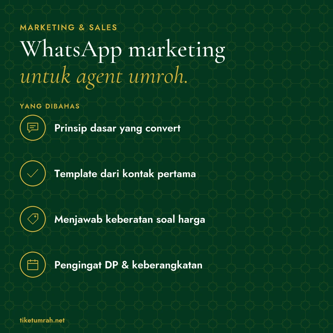Kartu ringkasan artikel: WhatsApp marketing untuk agent umroh. Yang dibahas: Prinsip dasar yang convert; Template dari kontak pertama; Menjawab keberatan soal harga; Pengingat DP & keberangkatan.