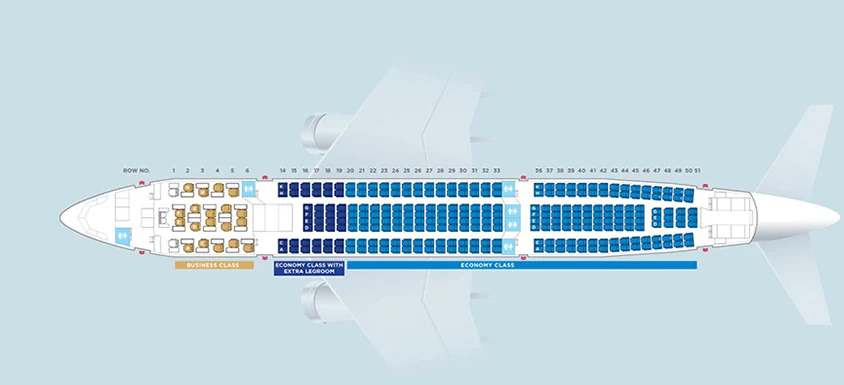 Denah kabin Airbus A330-200 Malaysia Airlines: 19 kursi Business di depan, 42 kursi Economy jarak kaki ekstra, lalu 226 kursi Economy