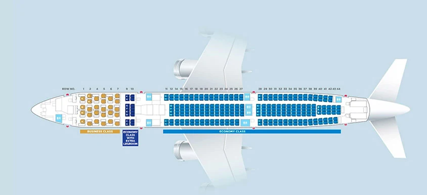 Denah kabin Airbus A330-300 Malaysia Airlines: 27 kursi Business di depan, 16 kursi Economy jarak kaki ekstra, lalu 247 kursi Economy