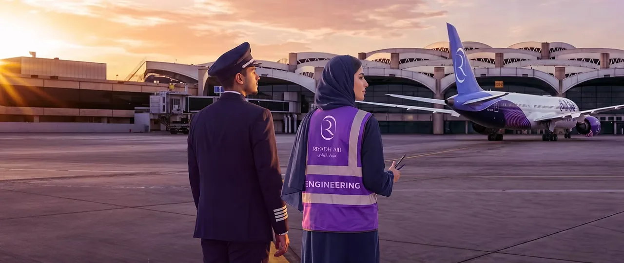 Pilot dan teknisi Riyadh Air berdiri di apron saat senja, dengan pesawat Riyadh Air dan gedung terminal di latar belakang